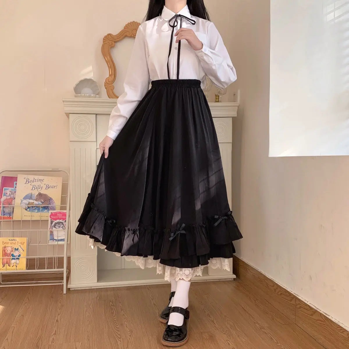Black / White Long Skirts Y2K Vintage Lace Ruffled Pleated Goth Skirts Women Japanese Kawaii Preppy Style Korea Gothic Clothing