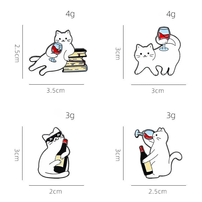 Cartoon white cat brooch, cat red wine, cute backpack, accessories, clothing decorations, zinc alloy badge