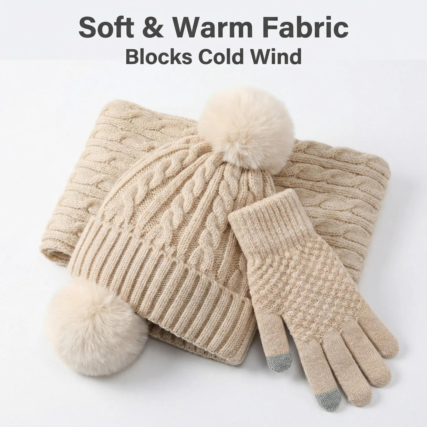 Women Winter 3Pcs Set Pom Pom Beanie Hat Scarf Touch Screen Gloves Sequin Knitted Warm Outdoor Accessories Christmas Gifts