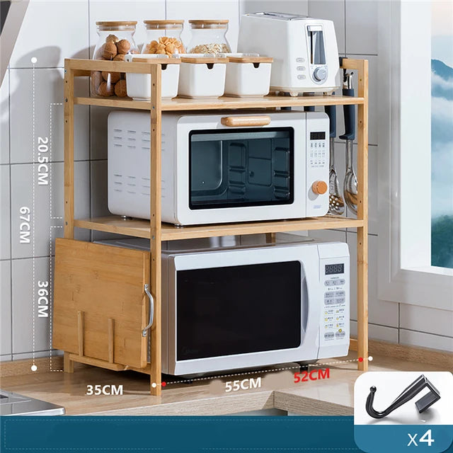 New Kitchen Countertops Storage Shelf Multi-Layer Bamboo Adjustable Microwave Oven with Hanging Hook Chopping Board Holder
