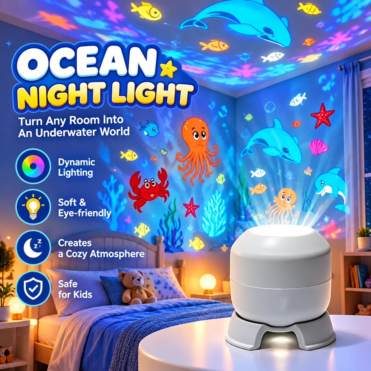 360° Rotating Galaxy Ocean Star Projector Night Light, Dynamic Projection Lamp, LED Ambient Light, Birthday Christmas Gift for K