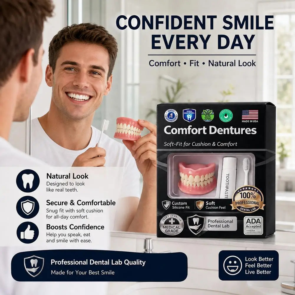 Moldable Silicone Denture Set, Upper & Lower Natural Ivory False Teeth Kit, Instant Smile with Toothbrush & Toothpaste