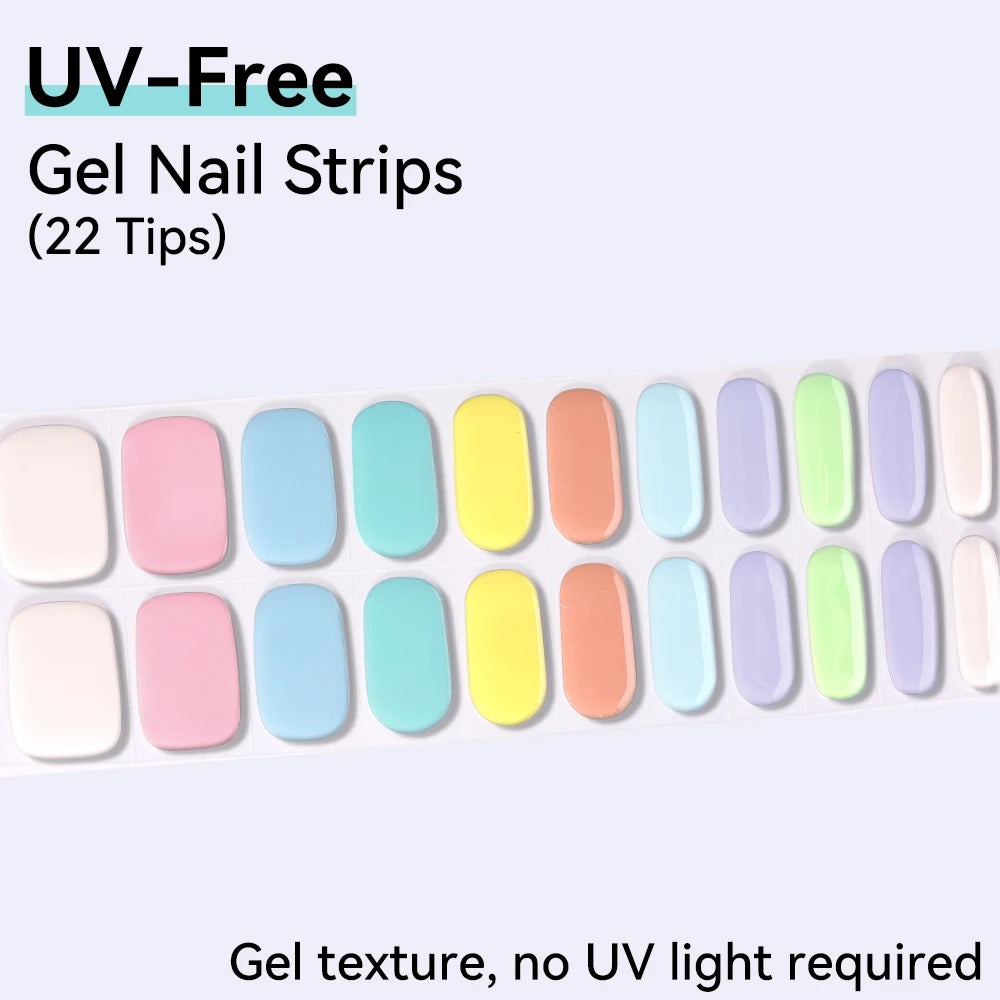 UV FREE Fully Cured Gel Nail Strips 16/22 Tips Self Adhesive Gel Nail Stickers DIY Nail Art Manicure DON'T NEED UV LAMP