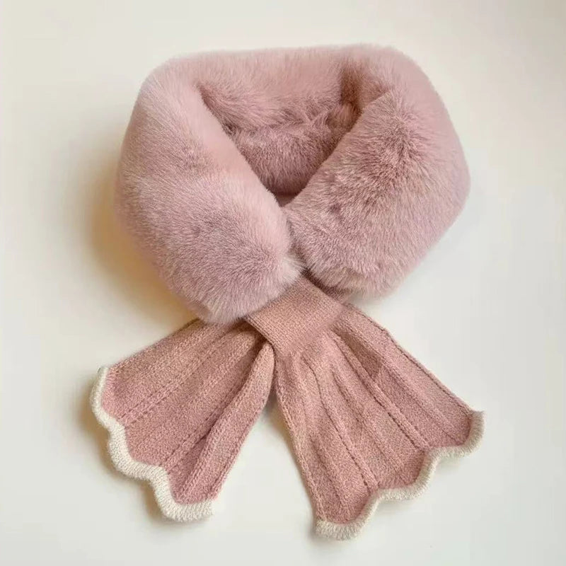 Winter Warm Cross Collar Women Scarf; Plush Thick Imitation Rabbit Fur; Windproof Neck Warmer for Outdoor Cycling