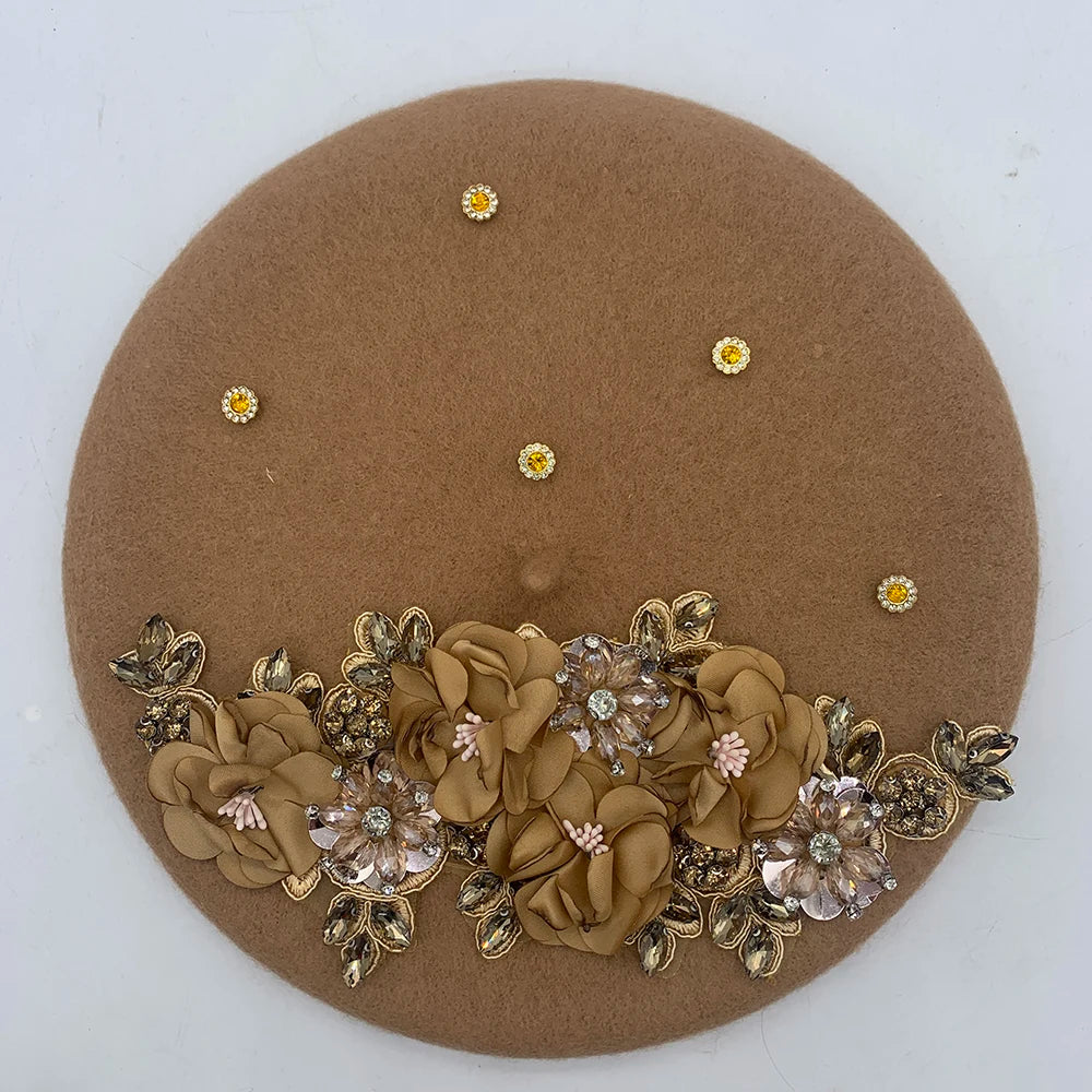 Winter Unique Designer Berets for Women Luxury Rhinestone Bouquet Turban Cap Exaggerated Painter Hat Female Winter Headpiece