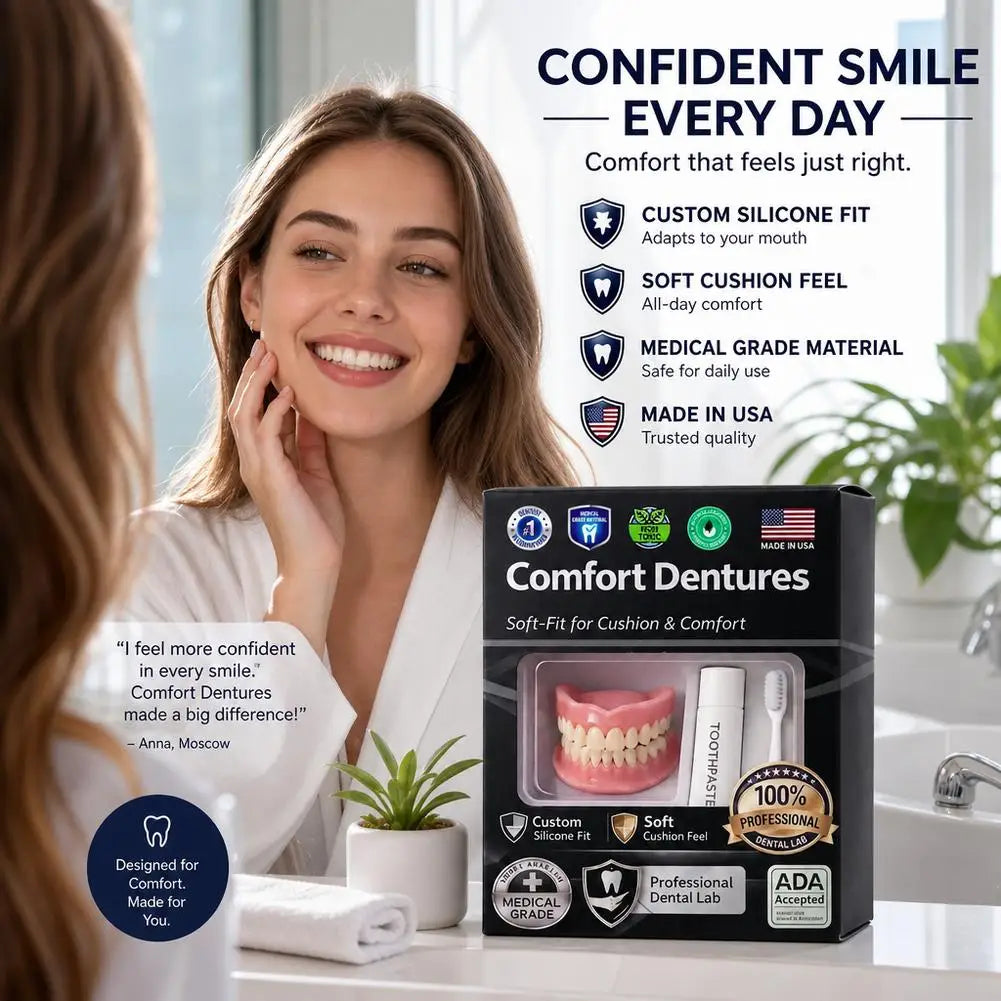Moldable Silicone Denture Set, Upper & Lower Natural Ivory False Teeth Kit, Instant Smile with Toothbrush & Toothpaste
