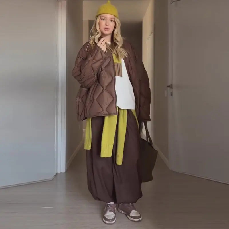 Women Diamond Quilted Puffer Jacket Stand Collar Zip Up Loose Oversized Short Coat 2026 Autumn Winter Casual Street Outerwear