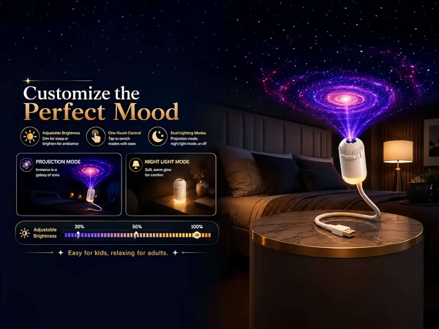 Galaxy Star Projector, 2-in-1 Portable Lamp with 12 Slides, 360° Adjustable Eye-Care LED Night Light for Bedroom Car Decor Gift