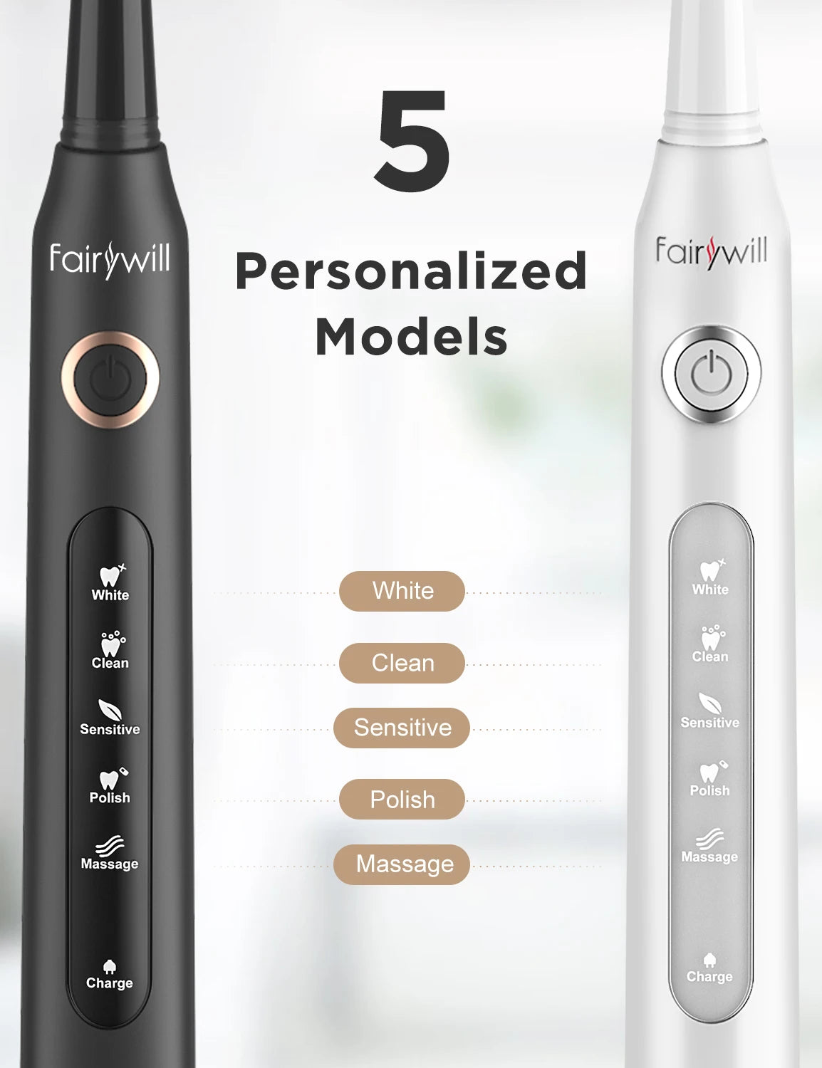 Fairywill Sonic Electric Toothbrush FW-D7 Set USB Charge Toothbrushes Case for Adult with Tooth Brush Heads 5 Mode Smart Time