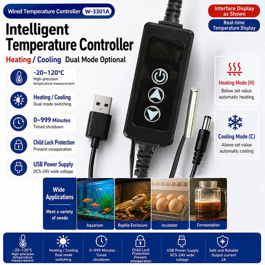 W-3301A DC 5–24 V Miniature Thermostat, LED Digital Display, Wired Thermostat with Timer Switch Function