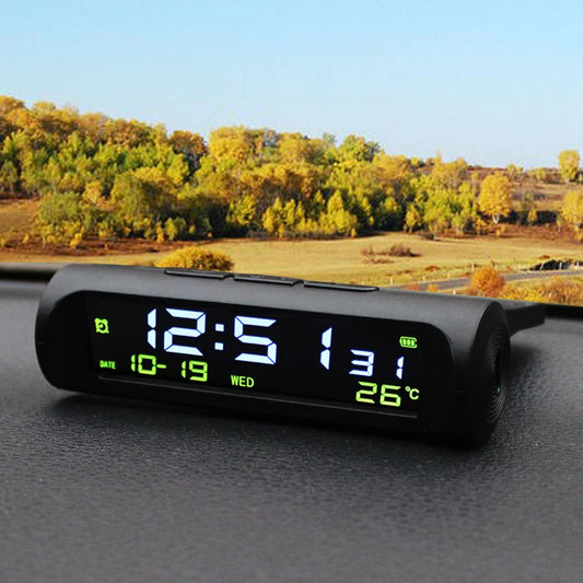 Solar Car Digital Clock Date Week Thermometer Fatigue Driving Reminder Analog Anti-Theft Flashing Light LCD Luminous Display