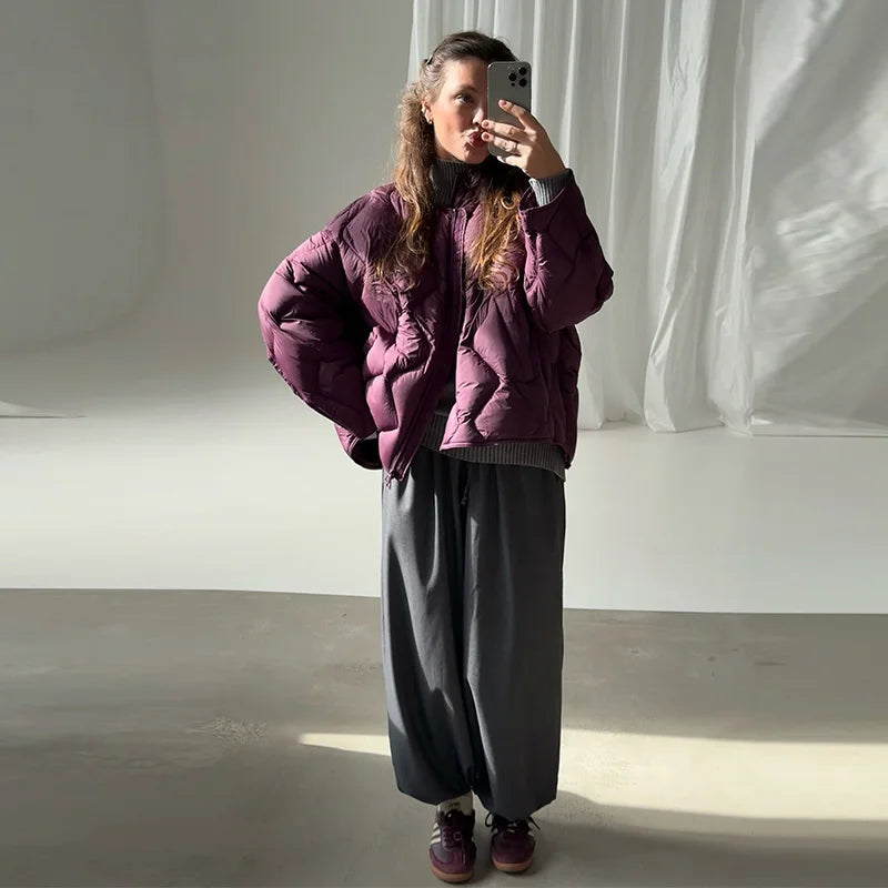 Women Diamond Quilted Puffer Jacket Stand Collar Zip Up Loose Oversized Short Coat 2026 Autumn Winter Casual Street Outerwear