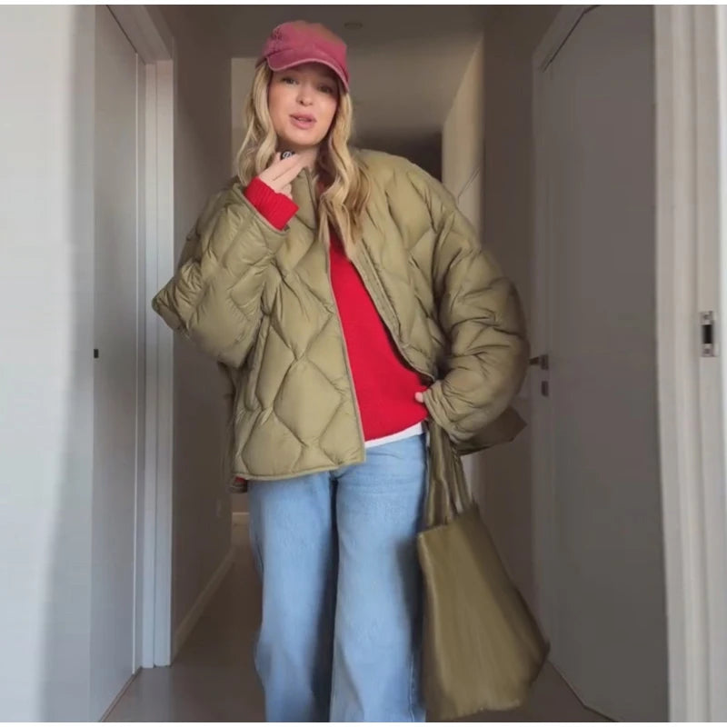 Women Diamond Quilted Puffer Jacket Stand Collar Zip Up Loose Oversized Short Coat 2026 Autumn Winter Casual Street Outerwear