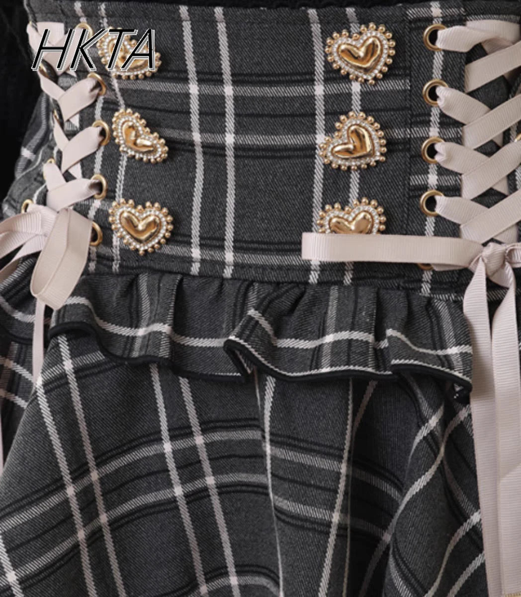 Original Japanese Mines Lolita Strap Skirts Women High Waist and Thin Frilly Pleated Skirt College Style Liz Girl Plaid Skirt