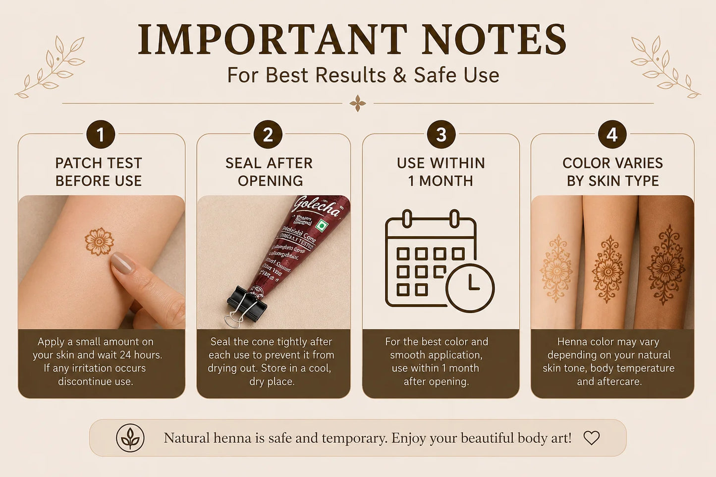 GOLECHA Brown Henna Tattoo Pigment Paste 30g For Faux Freckles Mehndi Body Art Temporary Tattoo Supplies Natural Skin Tint Cone
