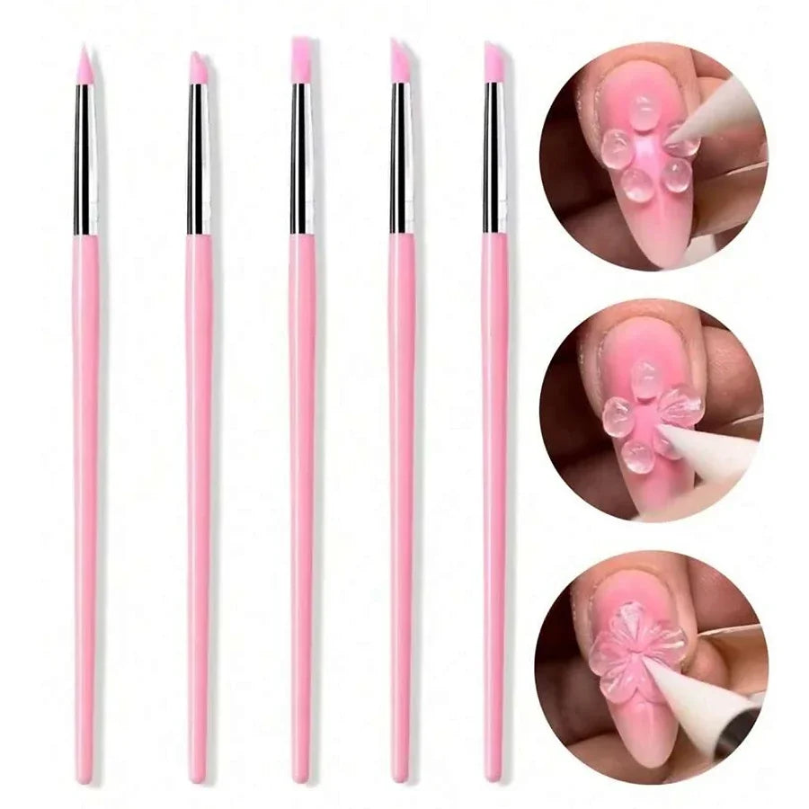 5Pcs/Set Silicone Nail Brush Carving Emboss Hollow Gel Shaping Pink Nail Art Pen DIY Dotting Manicure Tools Accessories