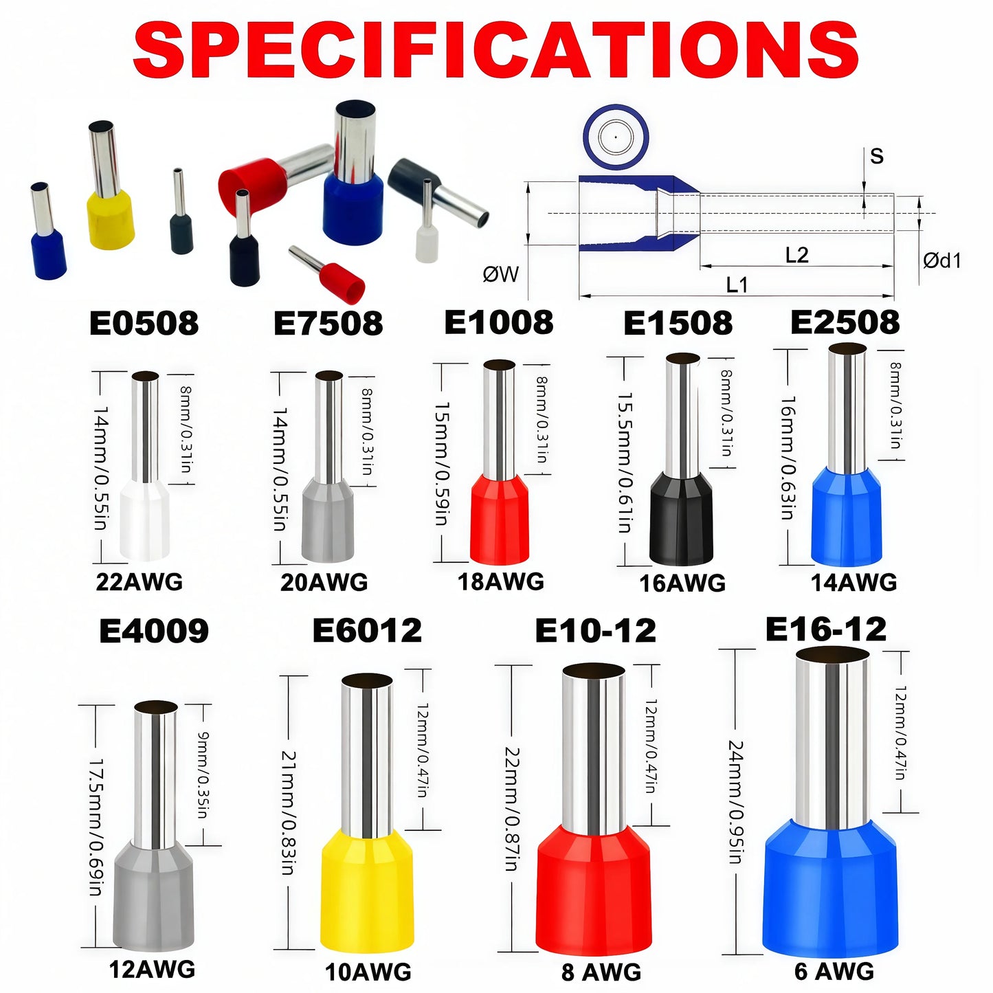 100PCS Insulated Cord End Terminals, AWG 22-6 Wire Ferrules Crimp Connectors, E7508/E1008/E1508/E2508/E4009/E6012/E10-12/E16-12