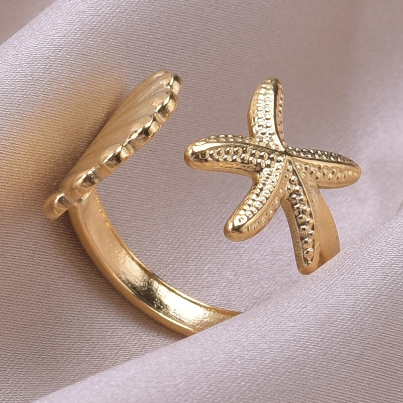 6pcs/lot Wholesale Various Chunky Rings Real Gold Plated Love Abstract DIY Shell Star Sun Bat Shaped Rings Women Jewelry Gifts