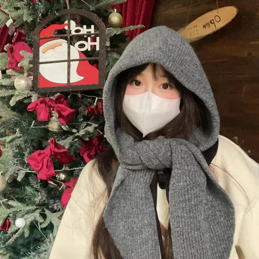 Winter Hats for Women Knitted Polyester Hooded Scarf Hat for Women Balaclava Knit Skull Cap Beanie Hat