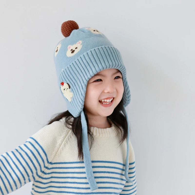 5 Colors Winter Girls Pink Hat Cute Ear Protection Cap Kids Warm Knitted Beanie Hats Outdoor Baby Headwear Accessories 2-8Y