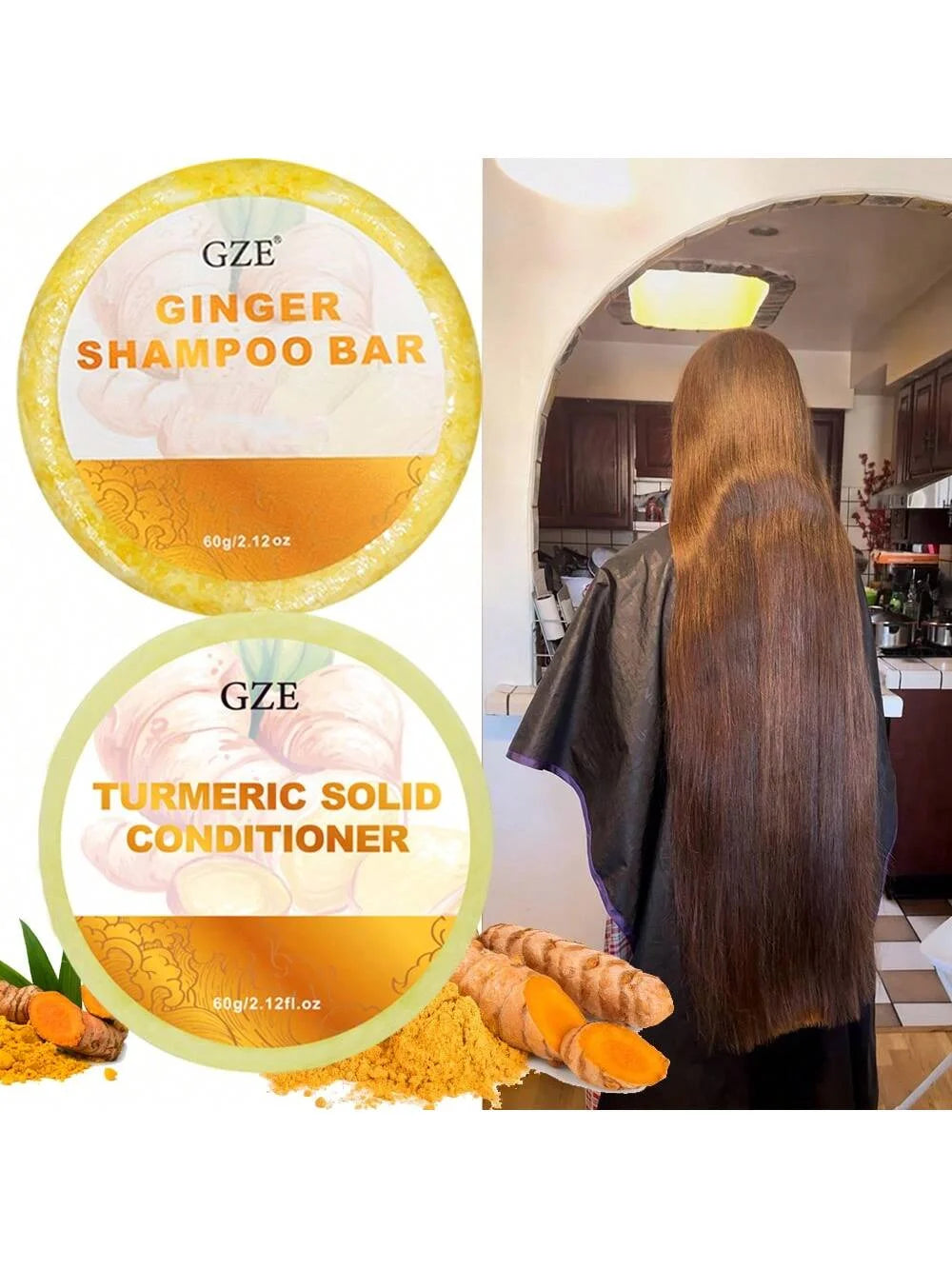 GZE Ginger Shampoo Bar Soap and Turmeric Solid Conditioner Hair Set for Thinning, Lock in Moisture & Shine and Control Frizz.