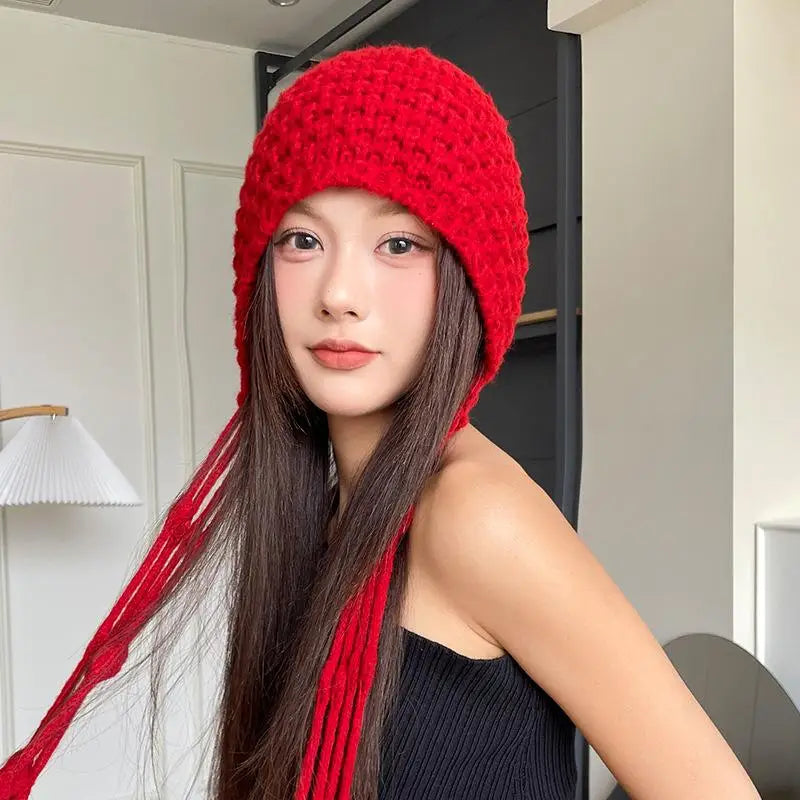 Christmas Winter Wool Tassel Knitted Ear Protection Hat For Women Winter Warm Crochet Earmuffs Caps Girl Pullover Beanie Bonnet
