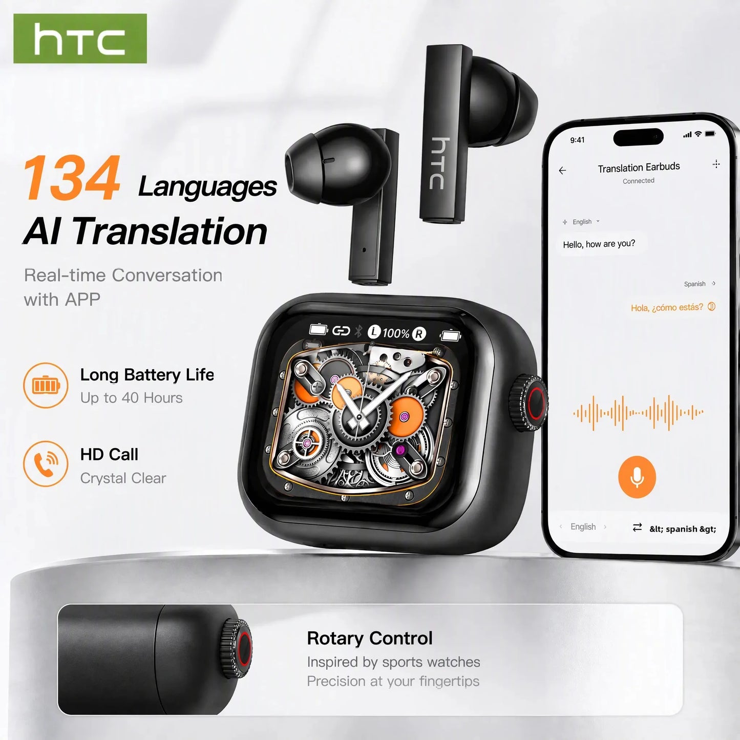 [Ultra HD Screen] HTC NE40 Earphones Bluetooth V6 TWS Sports Wireless Headphones AI Translator Earbud In-Ear Noise Reduction Mic