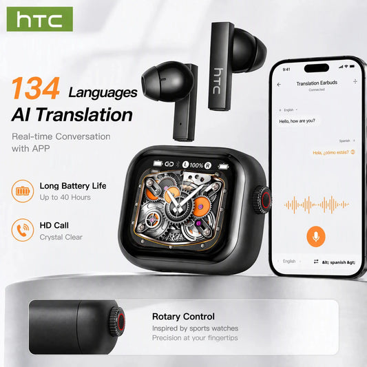 [Ultra HD Screen] HTC NE40 Earphones Bluetooth V6 TWS Sports Wireless Headphones AI Translator Earbud In-Ear Noise Reduction Mic