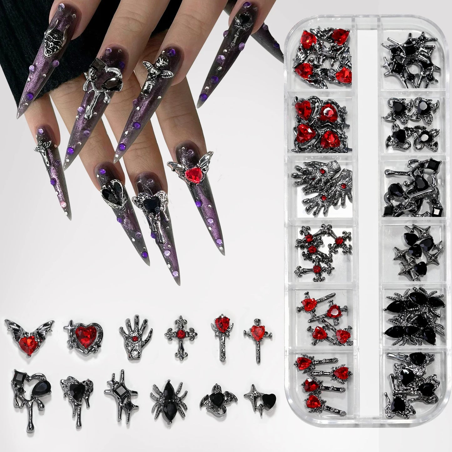 12 Grid Retro Alloy Nail Art Jewelry Gothic Punk Style Y2k Heart-Shaped Cross Spider Pattern DIY Nail Decoration Accessories