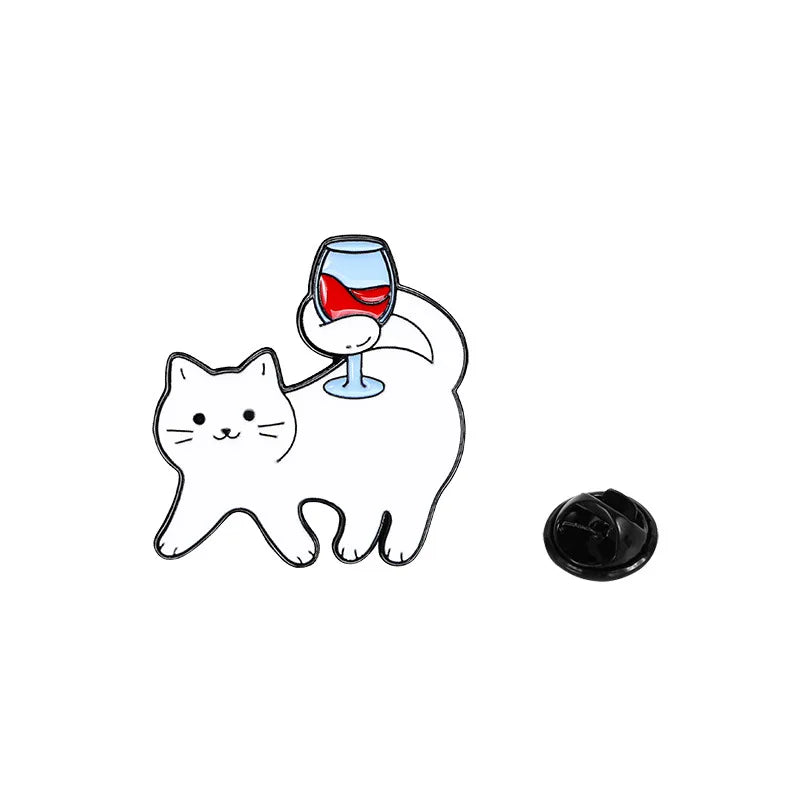 Cartoon white cat brooch, cat red wine, cute backpack, accessories, clothing decorations, zinc alloy badge