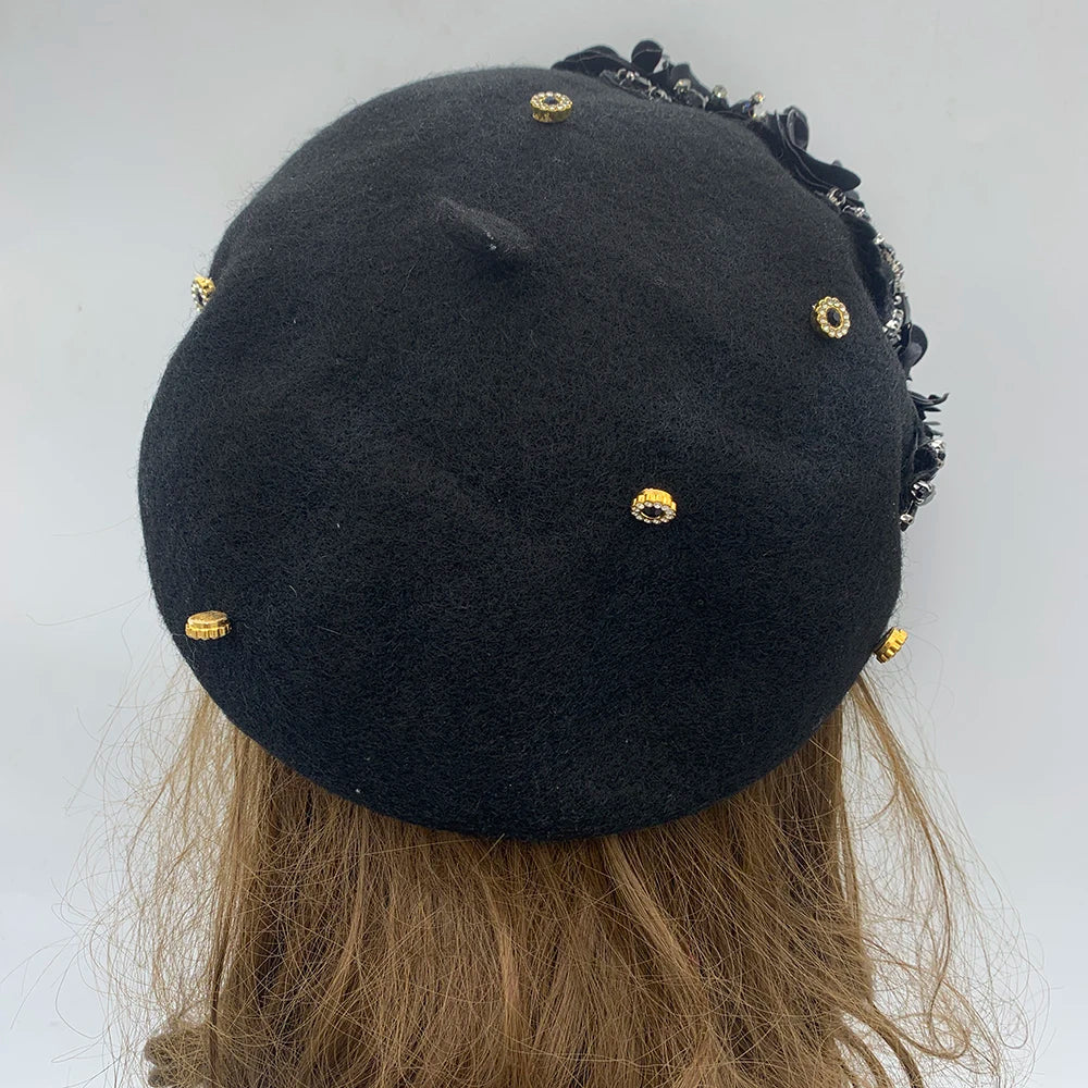 Winter Unique Designer Berets for Women Luxury Rhinestone Bouquet Turban Cap Exaggerated Painter Hat Female Winter Headpiece