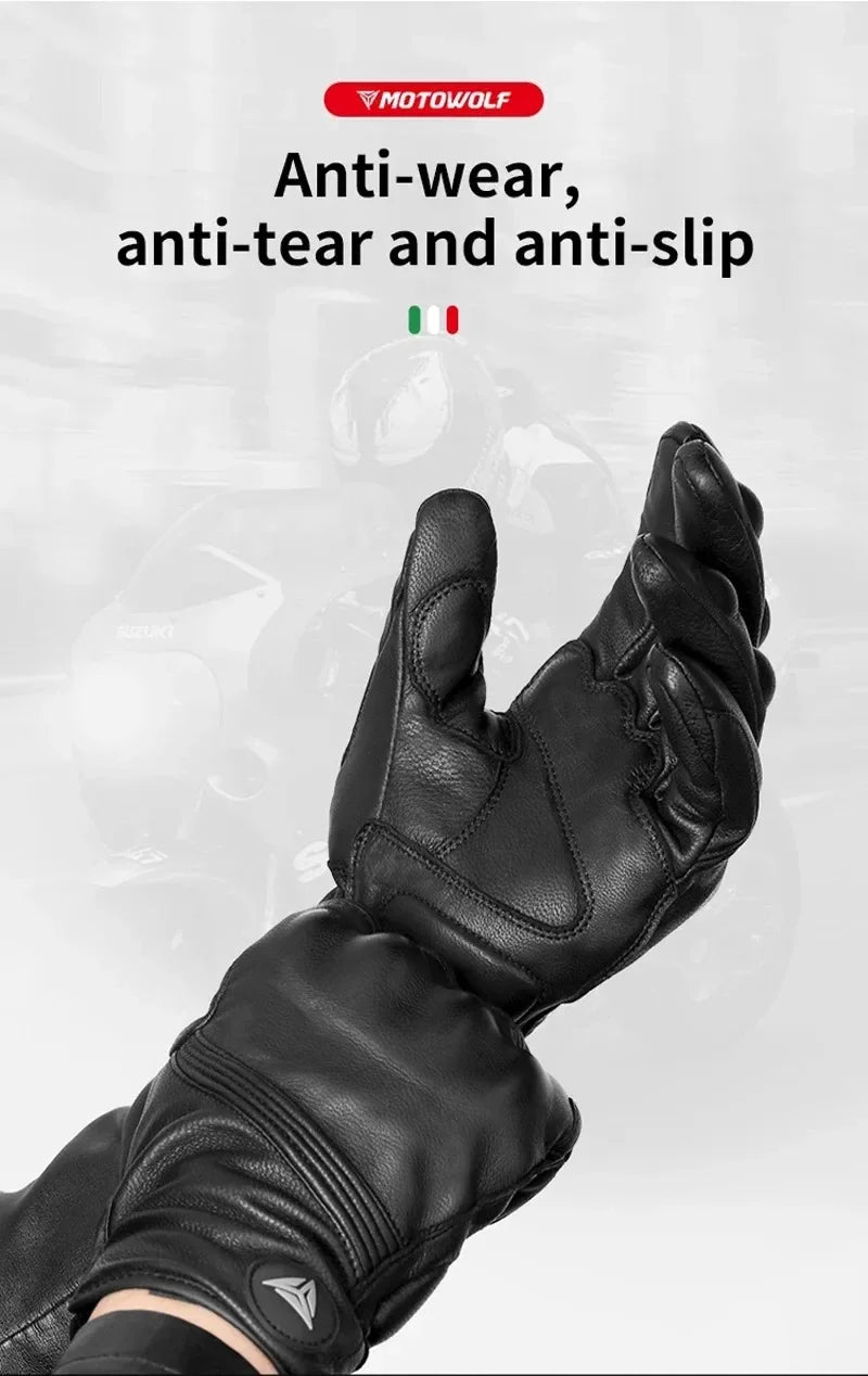 Motowolf Winter Motorcycle Bike Warmer Gloves Windproof Thermal Touch Screen for Men Women Genuine Leather Riding Accessories