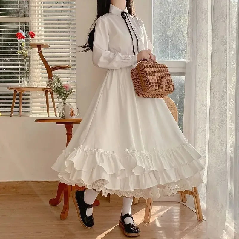 Black / White Long Skirts Y2K Vintage Lace Ruffled Pleated Goth Skirts Women Japanese Kawaii Preppy Style Korea Gothic Clothing