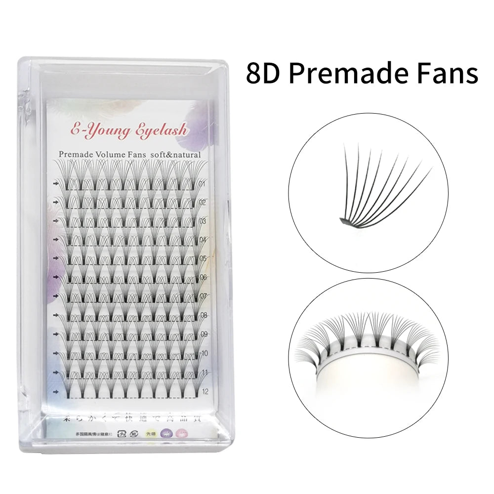 E-young 2d Premade Lashes Volume Fans Short Stem C/D Curl 0.1mm Natural False Eyelashes Extensions Premade Fans Wholesale Makeup