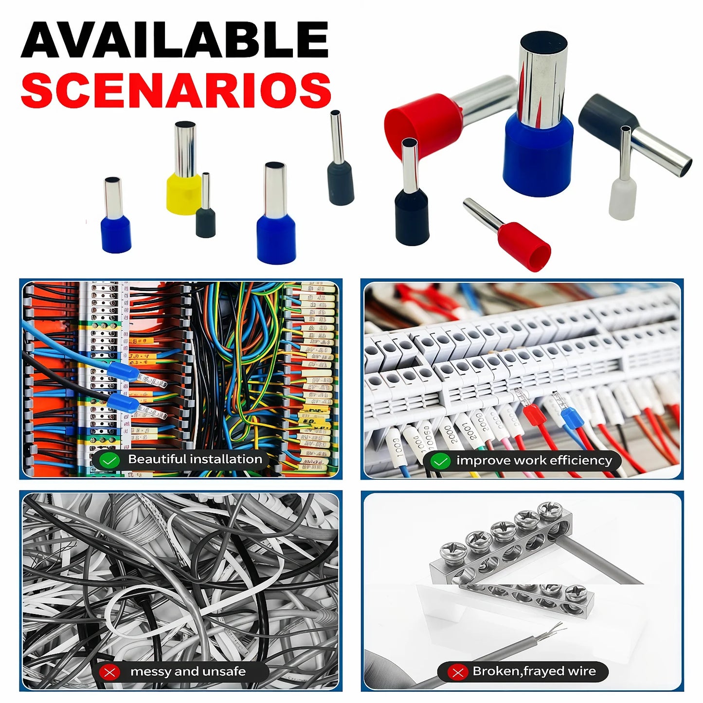 100PCS Insulated Cord End Terminals, AWG 22-6 Wire Ferrules Crimp Connectors, E7508/E1008/E1508/E2508/E4009/E6012/E10-12/E16-12