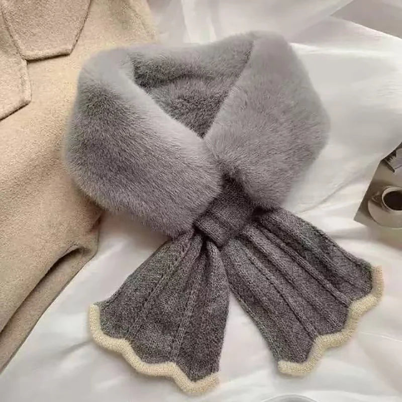 Winter Warm Cross Collar Women Scarf; Plush Thick Imitation Rabbit Fur; Windproof Neck Warmer for Outdoor Cycling