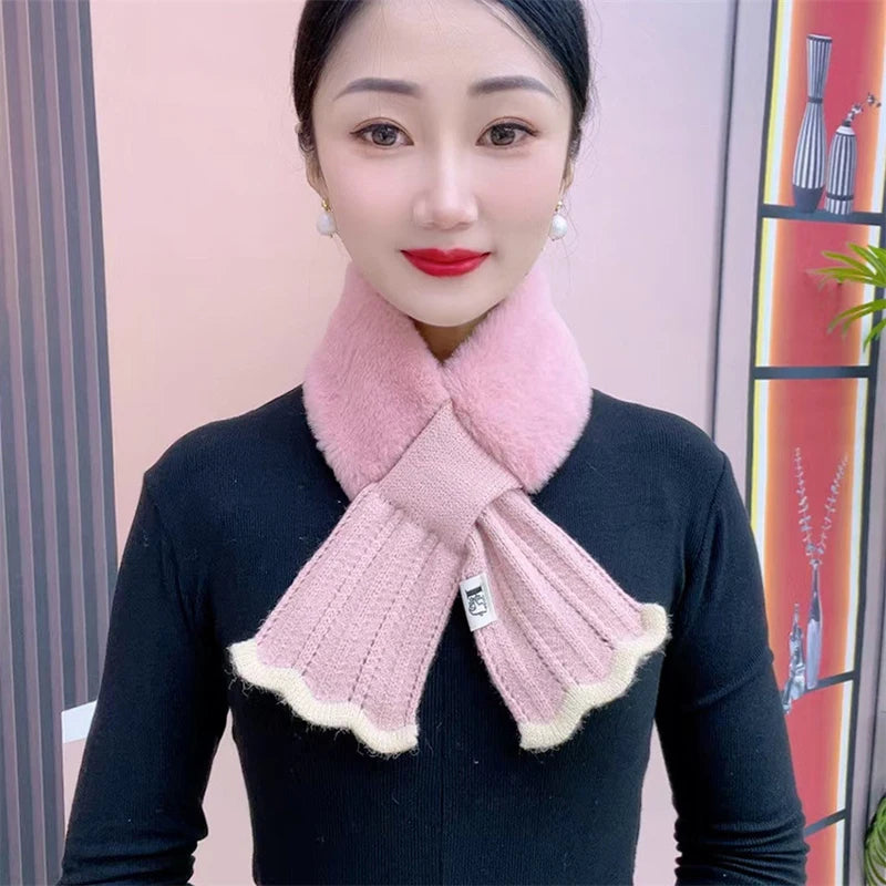 Winter Warm Cross Collar Women Scarf; Plush Thick Imitation Rabbit Fur; Windproof Neck Warmer for Outdoor Cycling