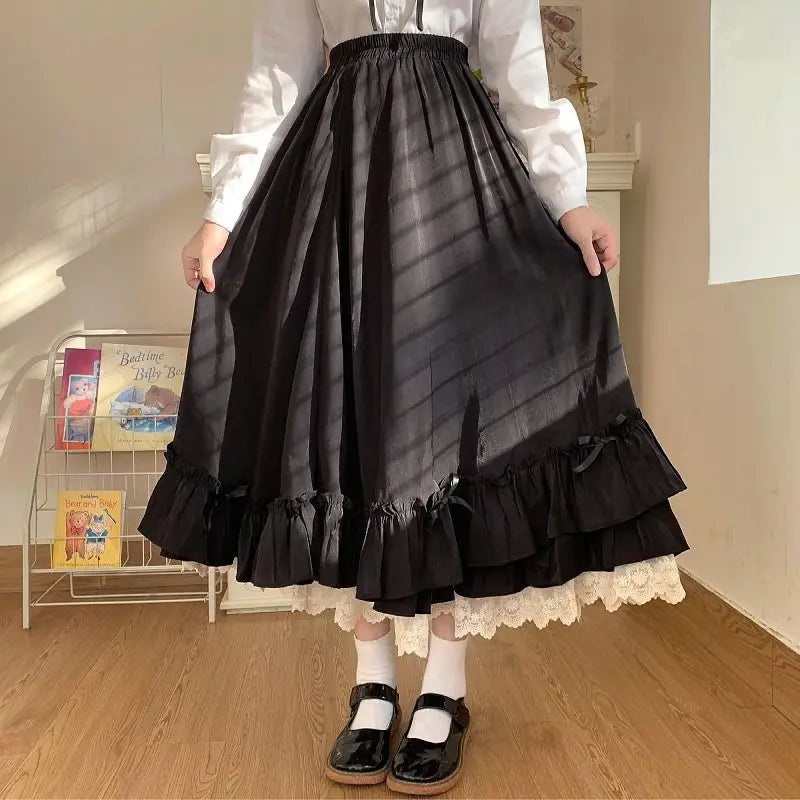 Black / White Long Skirts Y2K Vintage Lace Ruffled Pleated Goth Skirts Women Japanese Kawaii Preppy Style Korea Gothic Clothing
