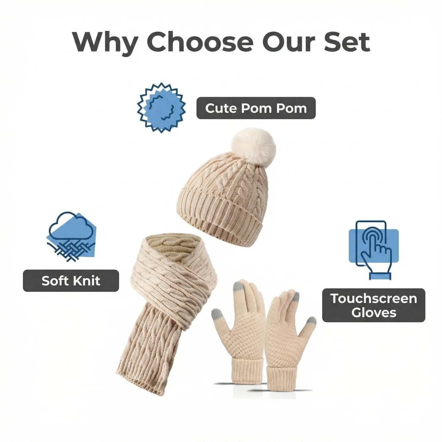 Women Winter 3Pcs Set Pom Pom Beanie Hat Scarf Touch Screen Gloves Sequin Knitted Warm Outdoor Accessories Christmas Gifts
