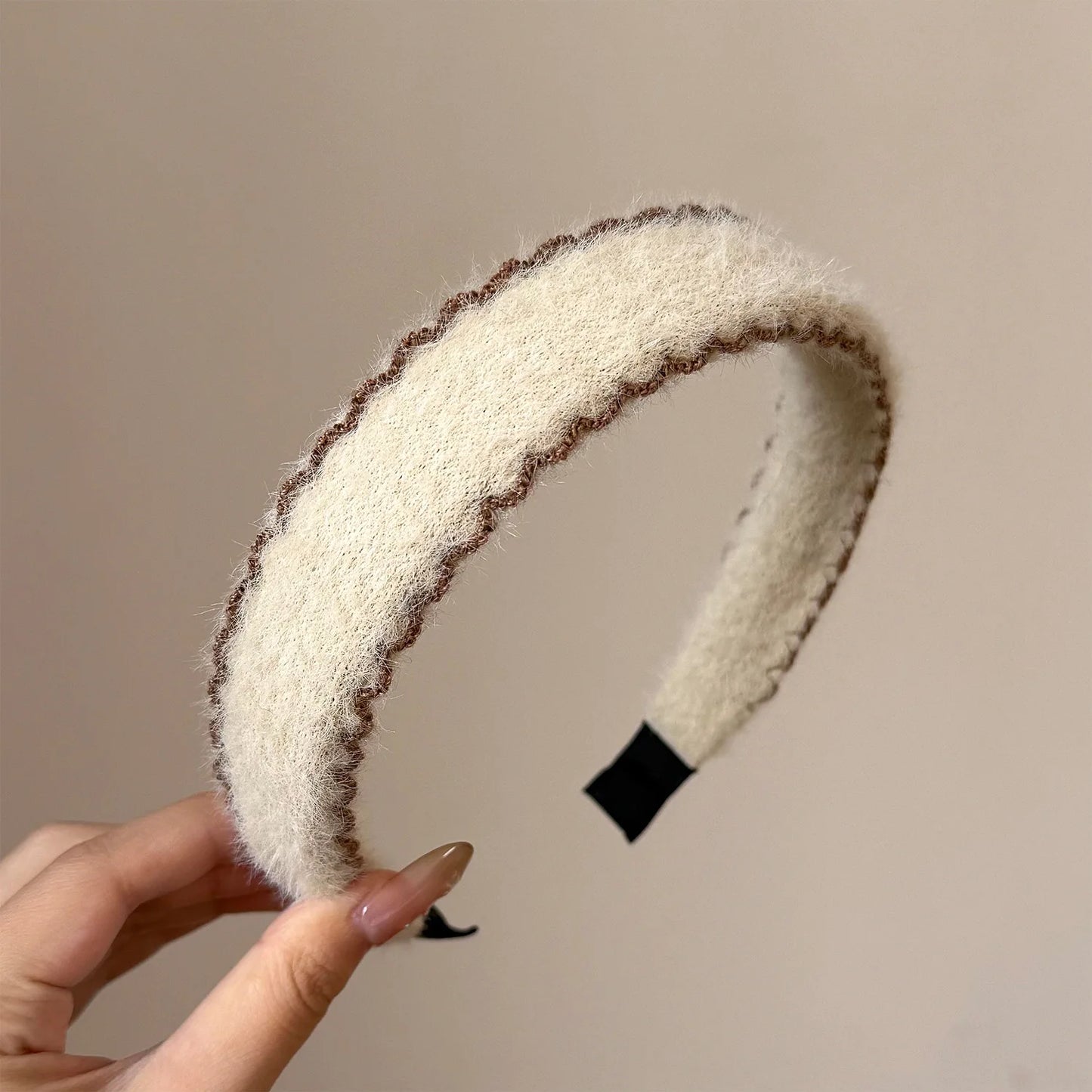 Autumn Winter Plush Ribbon Headbands Black White Cashmere Knit Hairband Women's Elegant Hair Accessories Warm Headwrap Non-slip