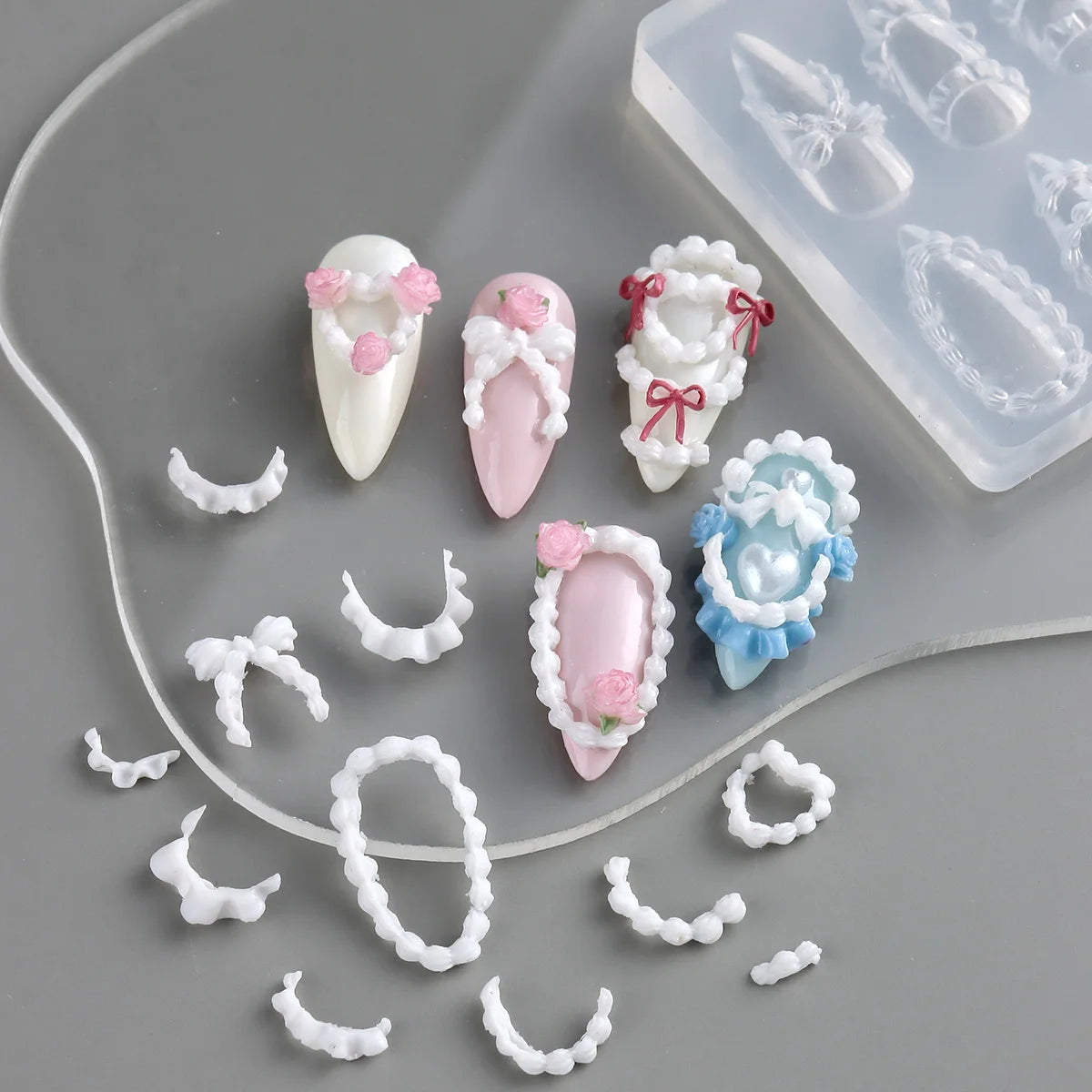 Lace Bowknot Nail Art Mold, French Manicure Silicone Stencil for DIY Nail Decoration, Nail Design Tool, Nail Printing Template