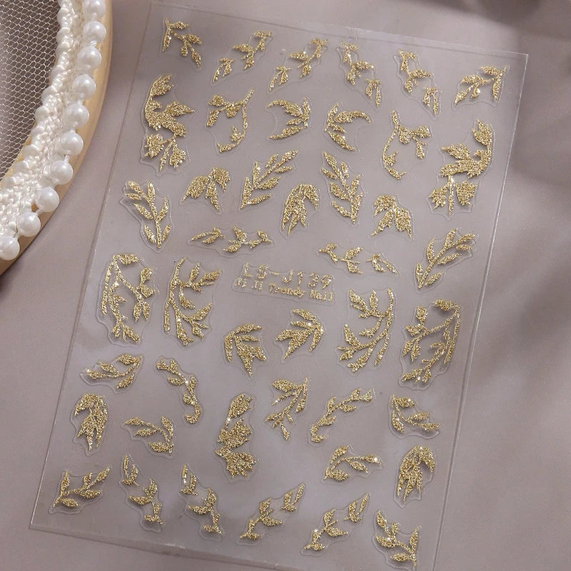 3D Hellgoldene Glitzer Blatt Nail Art Aufkleber Glänzender Glitzer Blätter Design selbstklebende Nail Art Dekorationen für DIY