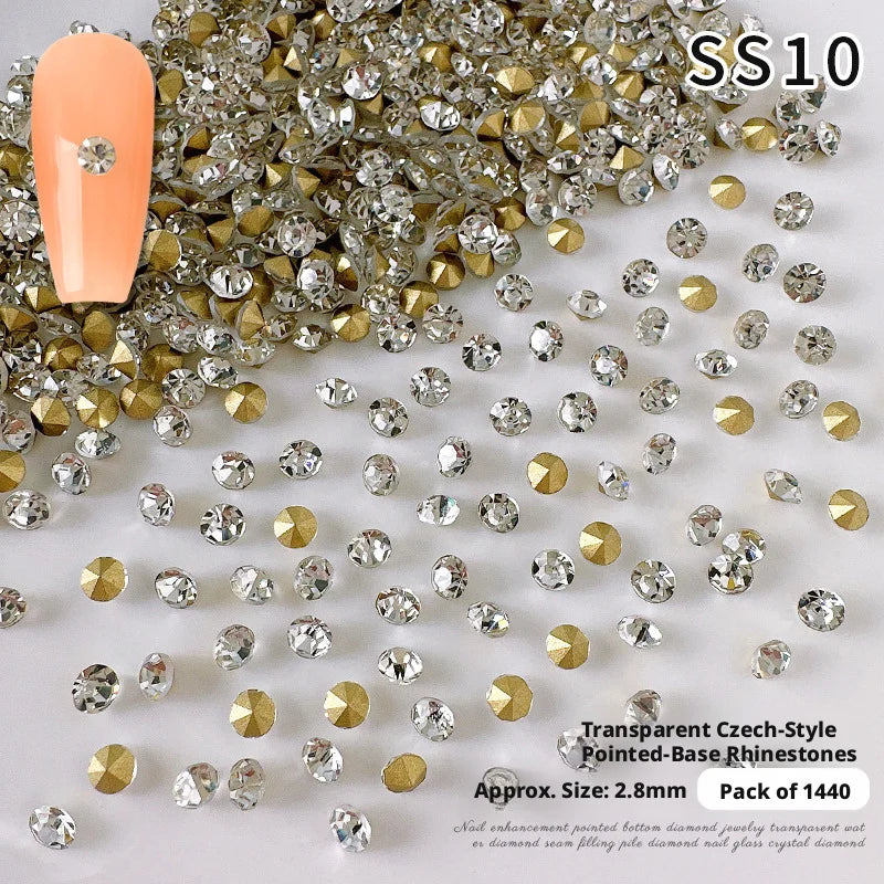 YYM 1440PCS Glitter AB Clear Nail Rhinestones Pointed Bottom Round Glass Crystal Nail Diamond Gems Nail Art Decor Accessories