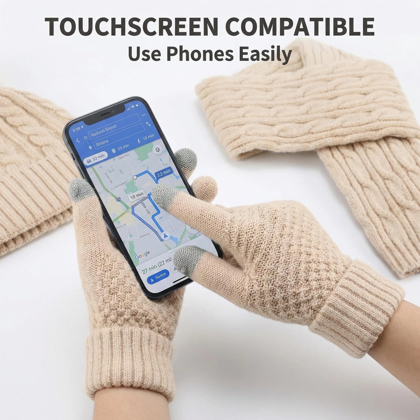 Women Winter 3Pcs Set Pom Pom Beanie Hat Scarf Touch Screen Gloves Sequin Knitted Warm Outdoor Accessories Christmas Gifts