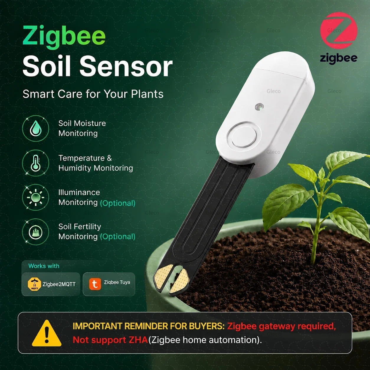 Zigbee Soil Sensor Moisture Temperature Humidity Meter Fertility Light Tester For Tuya Smart Life Z2M Home Assistant Automation