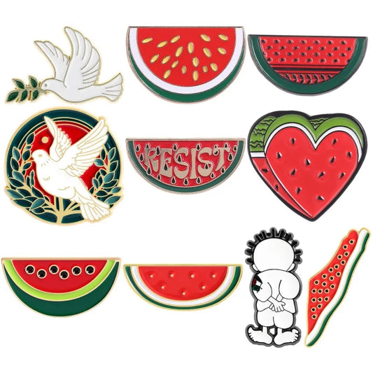Watermelon Enamel Pins Custom Keffiyeh Pattern Heart World Peace Resist Brooches Lapel Badges Clothes Jewelry Gift for Friends