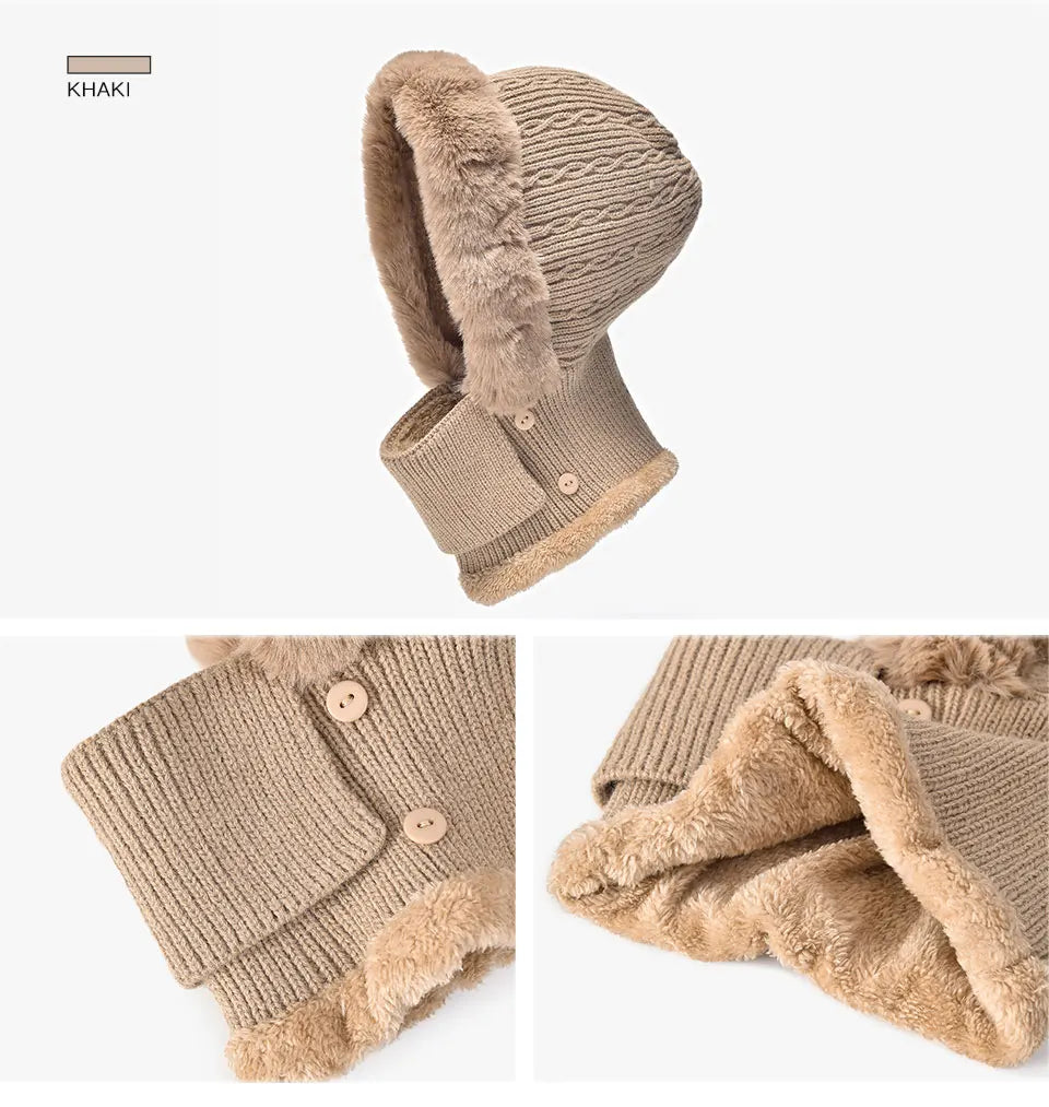 BeauToday Winter Knitted Hat Women Faux Fur Ear Protection Beanies Female Hooded Neck Collar Adjustable Earflap Caps 96502
