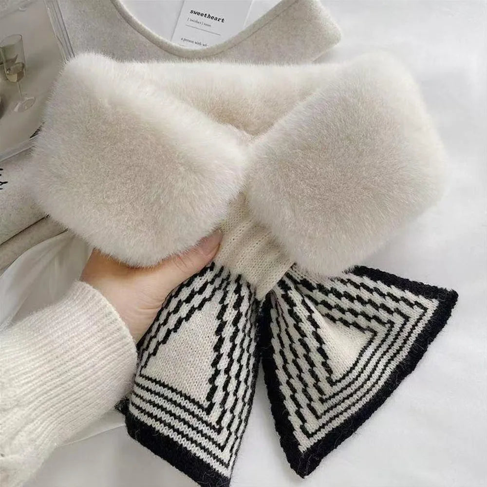 Fashion Accessory Solid Color Winter Neck Warmer Thicken Neck Warmer Cross Collar Scarf Faux Rabbit Fur Scarf for Women Girls