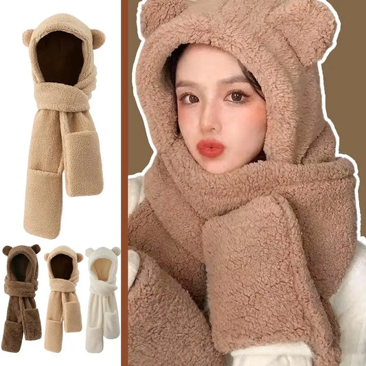 Winter Hat Scarf Gloves Set Bear Ear Protection Warm Windproof Plush Hooded Scarf Mitten Three Piece Set Cute Cartoon Accessory