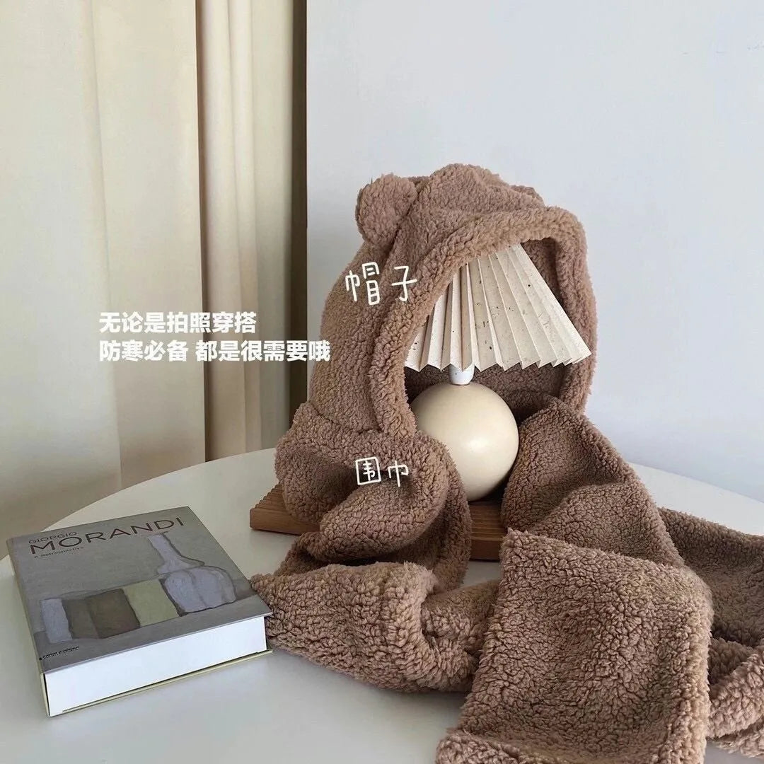 Winter Bear Earmuffs Scarf Mittens Set Thermal Plush Fleece Lined Connected Hat with Scarf and Gloves for Cold Weather Girls